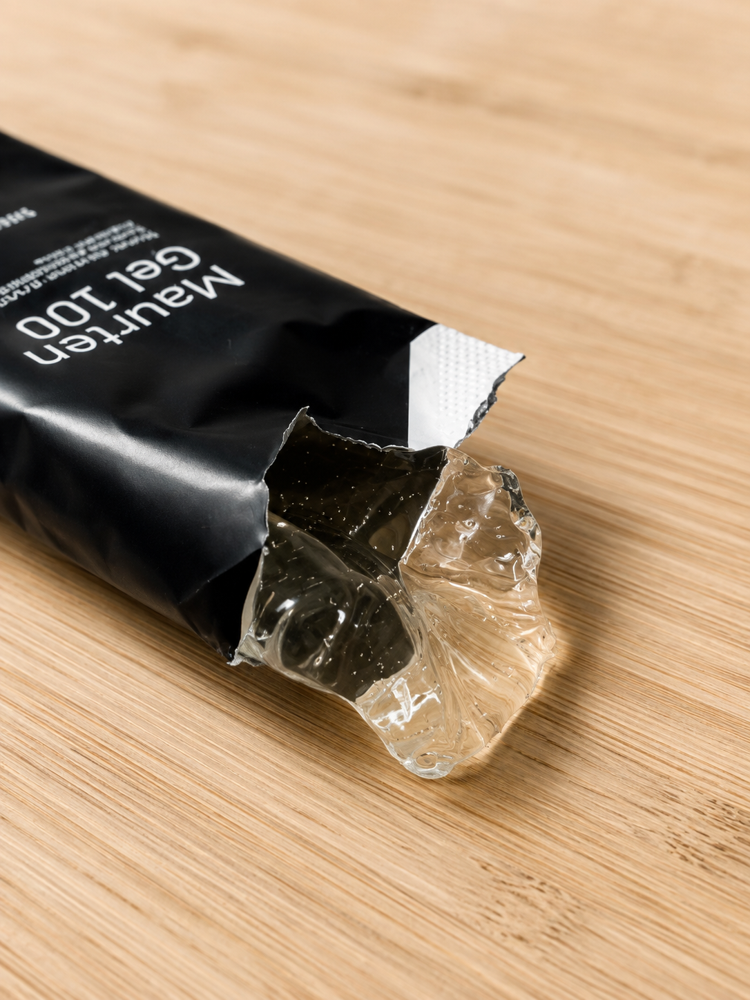 Opened Maurten Gel 100 packet showing its clear, jelly-like texture