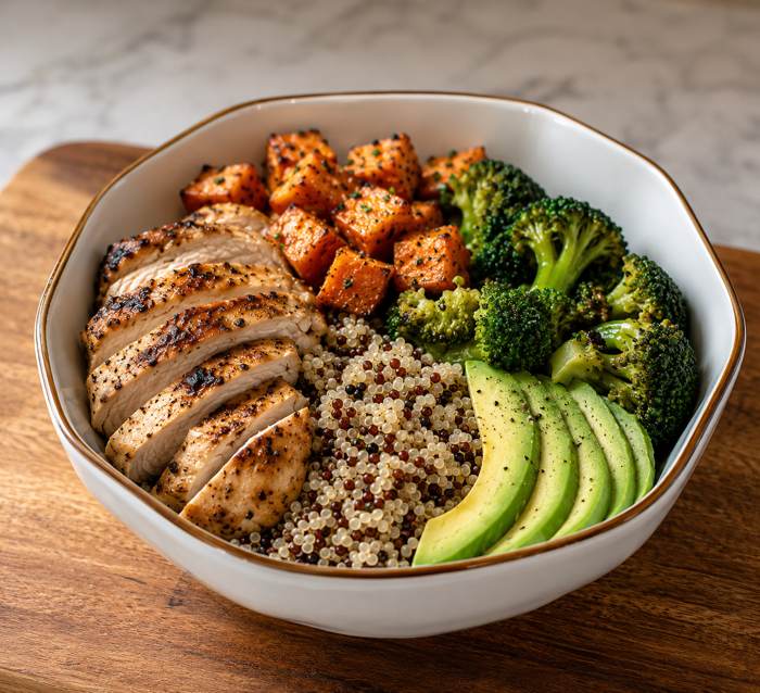 Chicken sweet potato power bowl in a deep white bowl