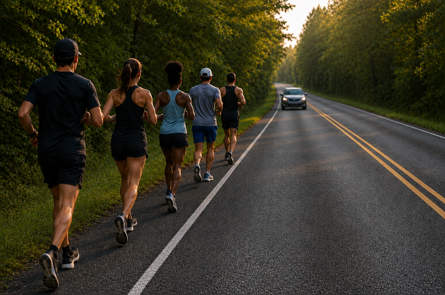 A group of runners on a road shoulder with an oncoming car in its own lane