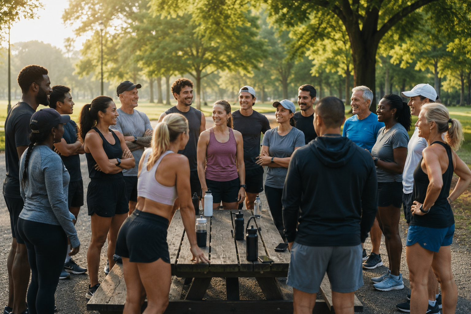 A run club gathered around a picnic table before a group run