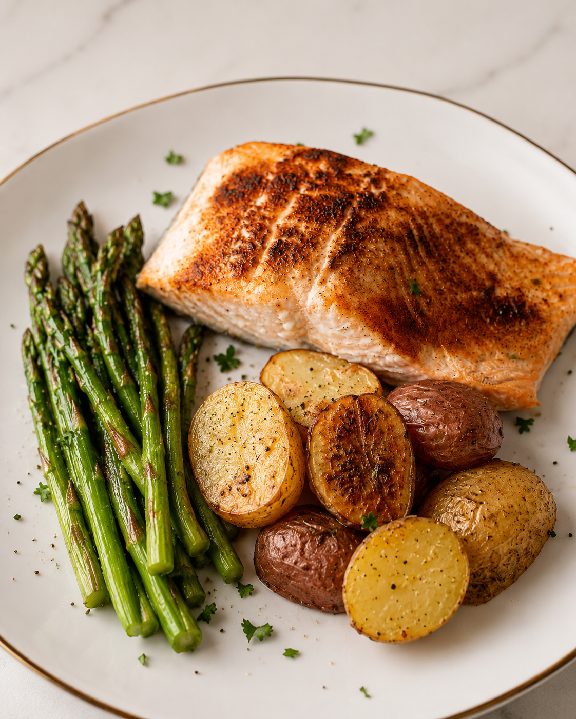 Plated blackened salmon fillet with roasted asparagus and halved gold and red potatoes