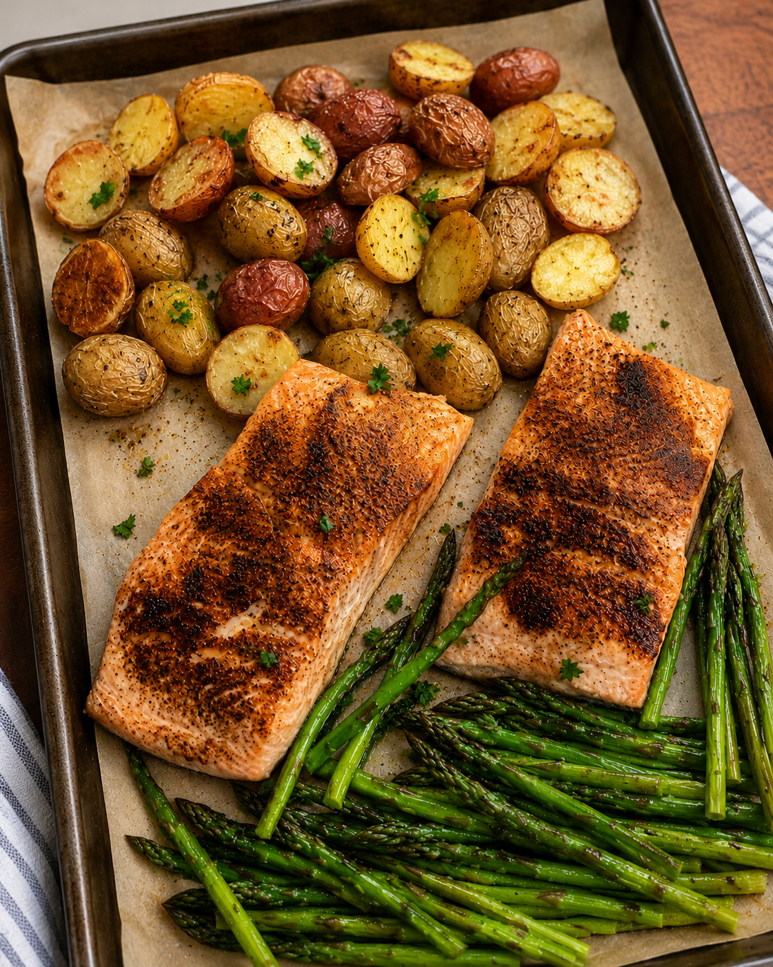 Two blackened salmon fillets with roasted gold and red baby potatoes and asparagus on a foil-lined sheet pan