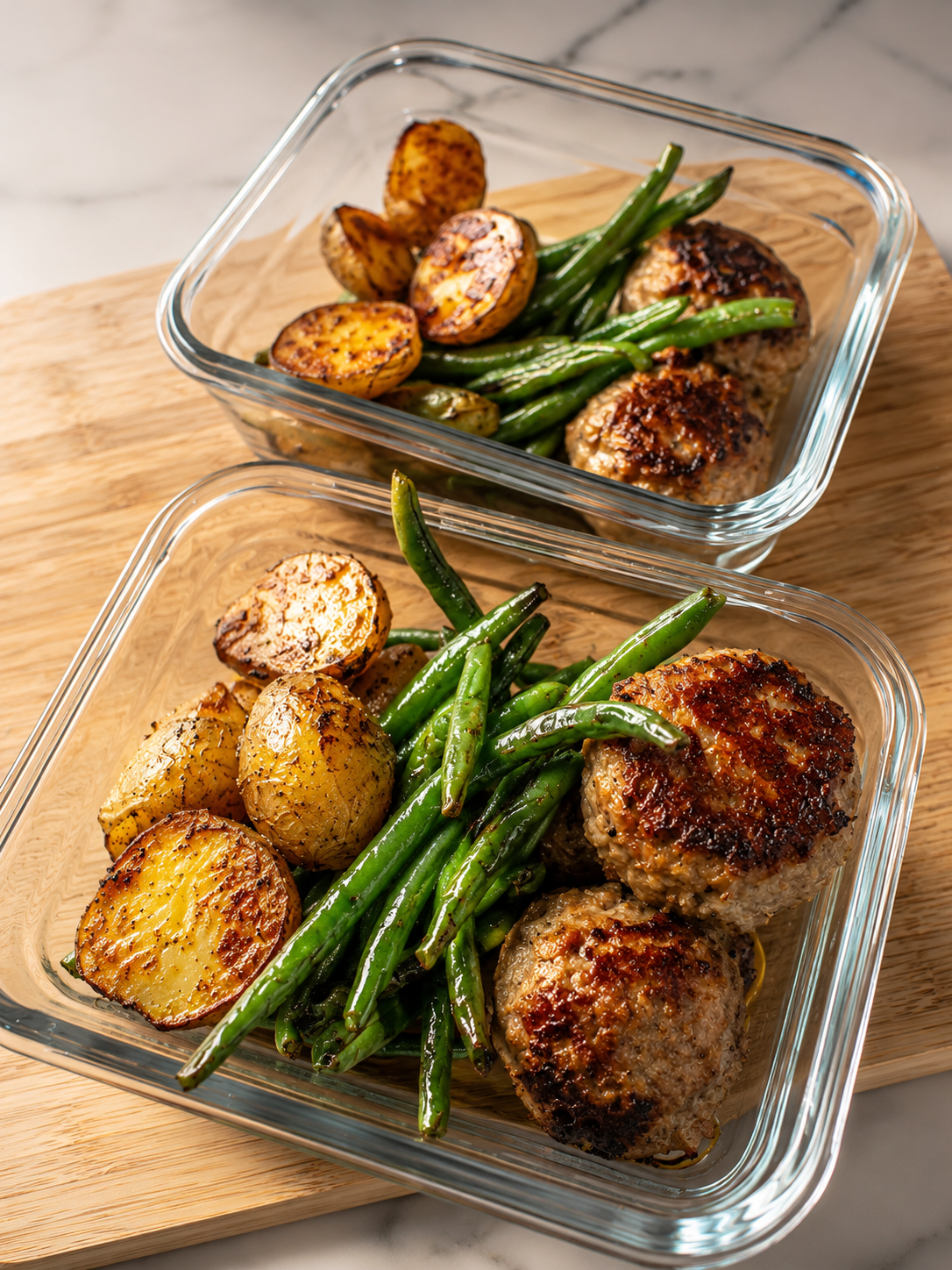 Meal-prep containers with turkey meatballs, roasted baby potatoes, and green beans
