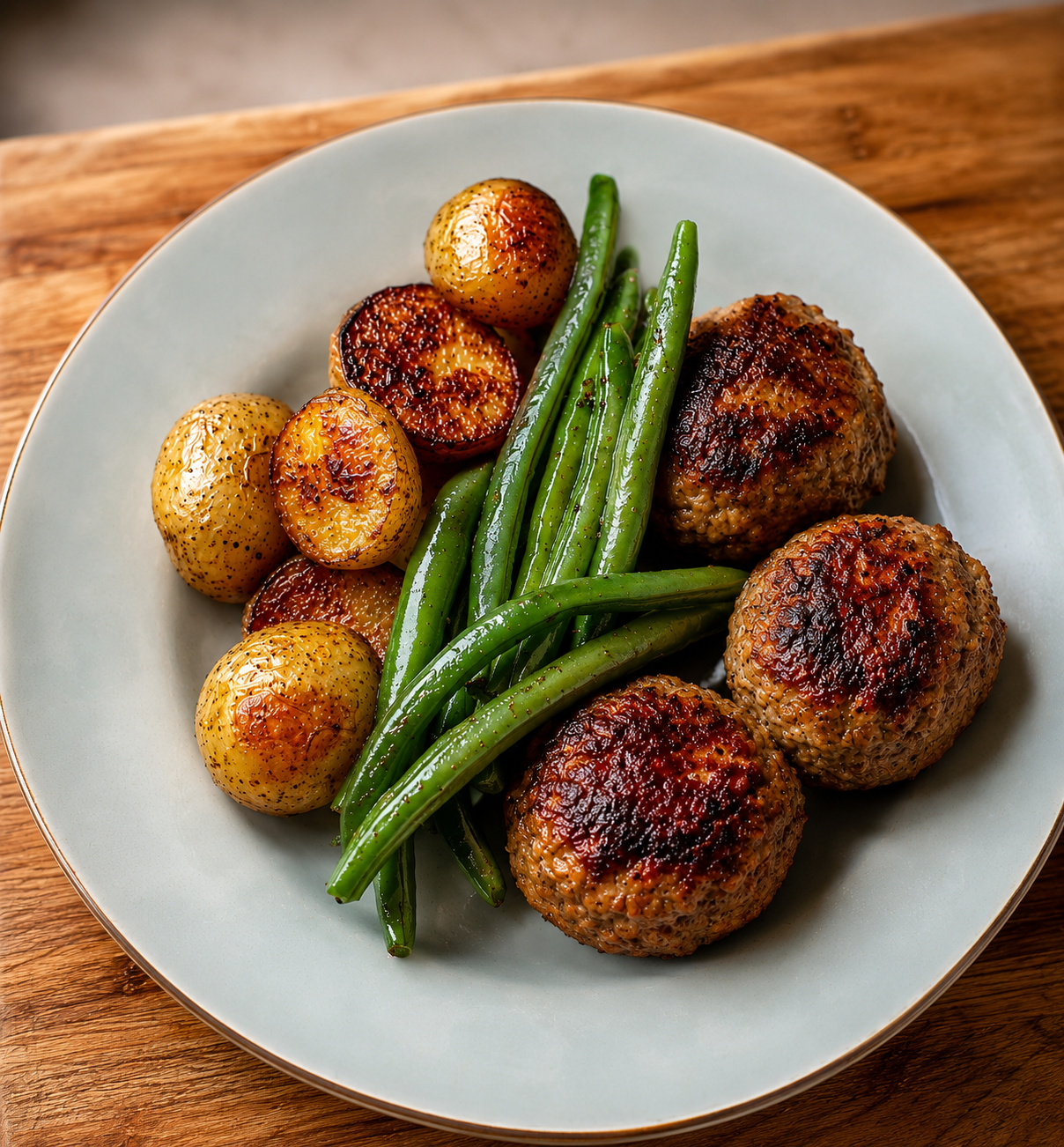 Plated turkey meatballs with roasted baby potatoes and green beans