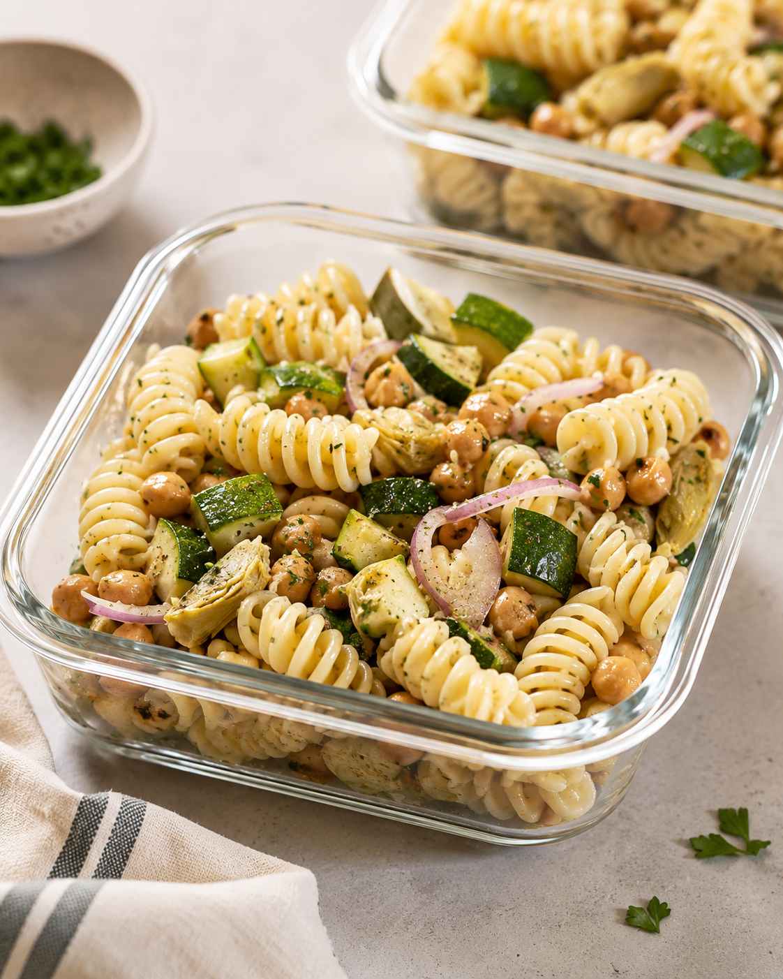 Meal-prep containers with roasted zucchini, chickpea, and artichoke pasta salad