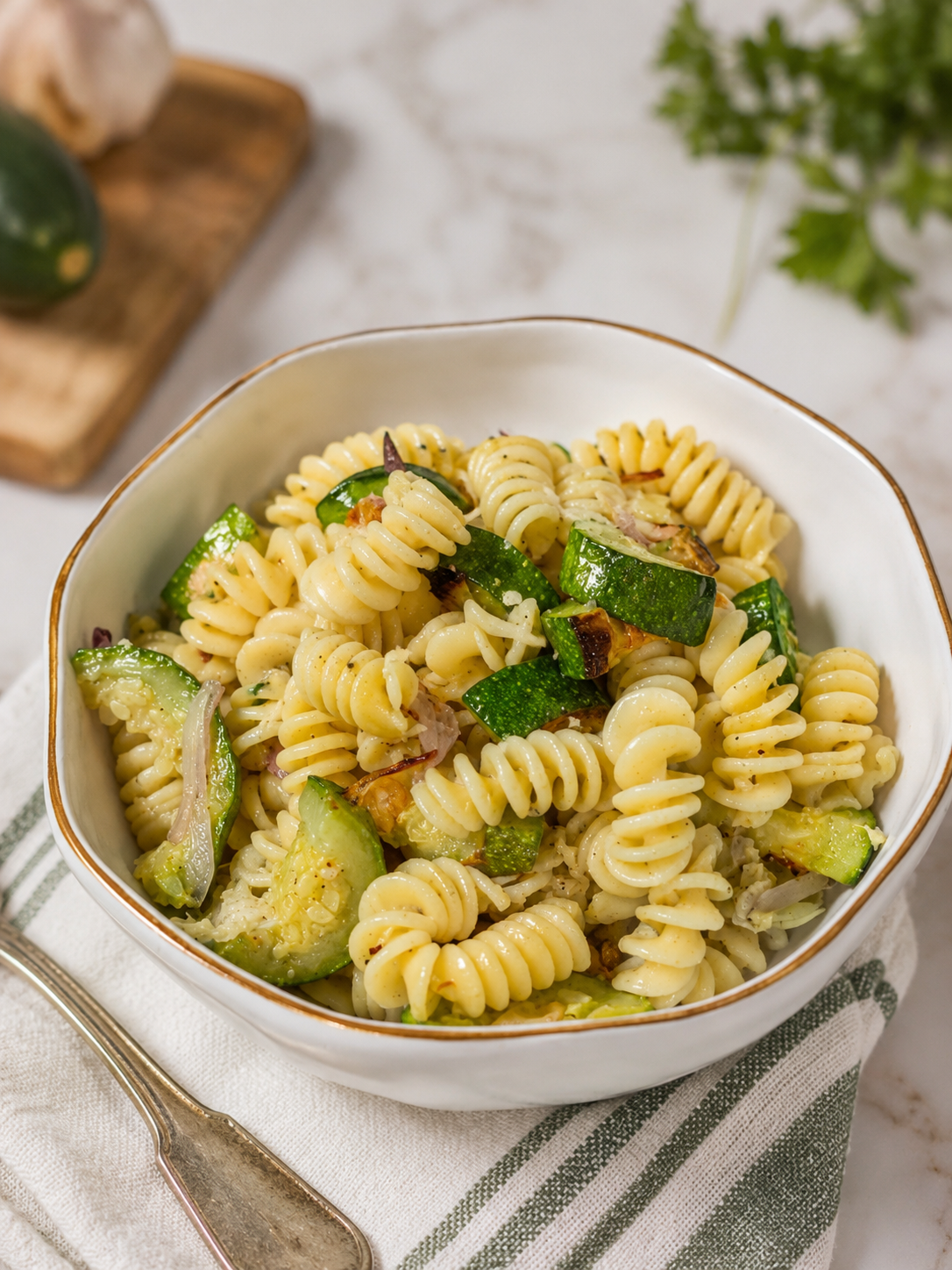 Bowl of roasted zucchini, chickpea, and artichoke pasta salad garnished with parsley